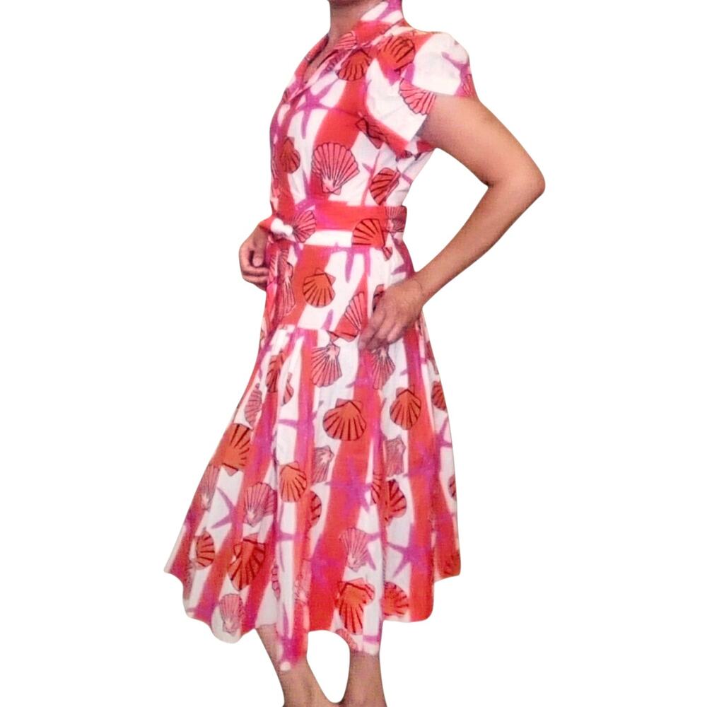 LHD Glades sea shell starfish striped cotton button up belted midi dress Size 8 - Picture 5 of 12